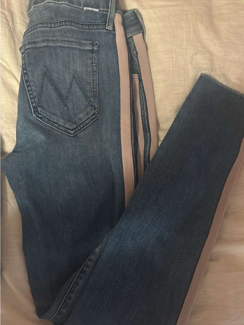 MOTHER Dark Blue Skinny Jeans with Blush Side Stripe